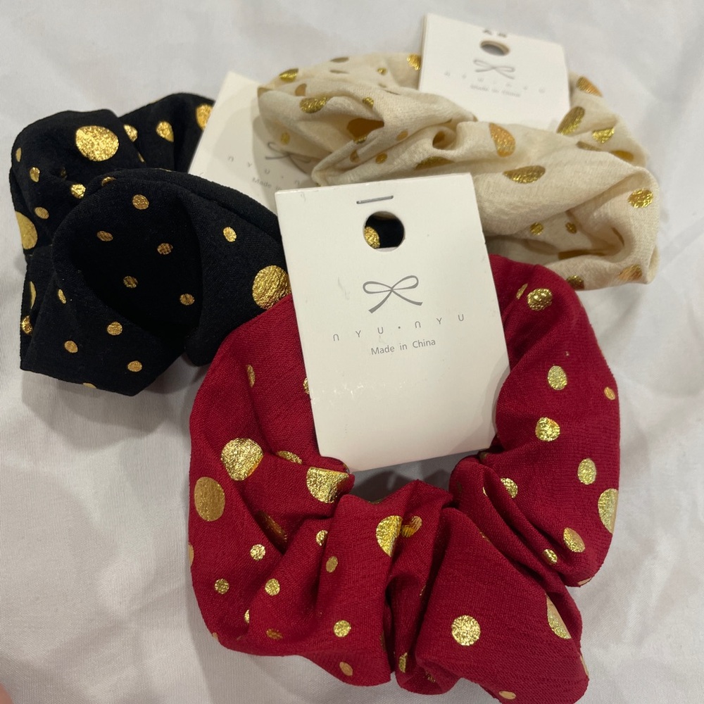 Gold Polka Dot Scrunchies Set of 3 red black cream new with tags retro playful